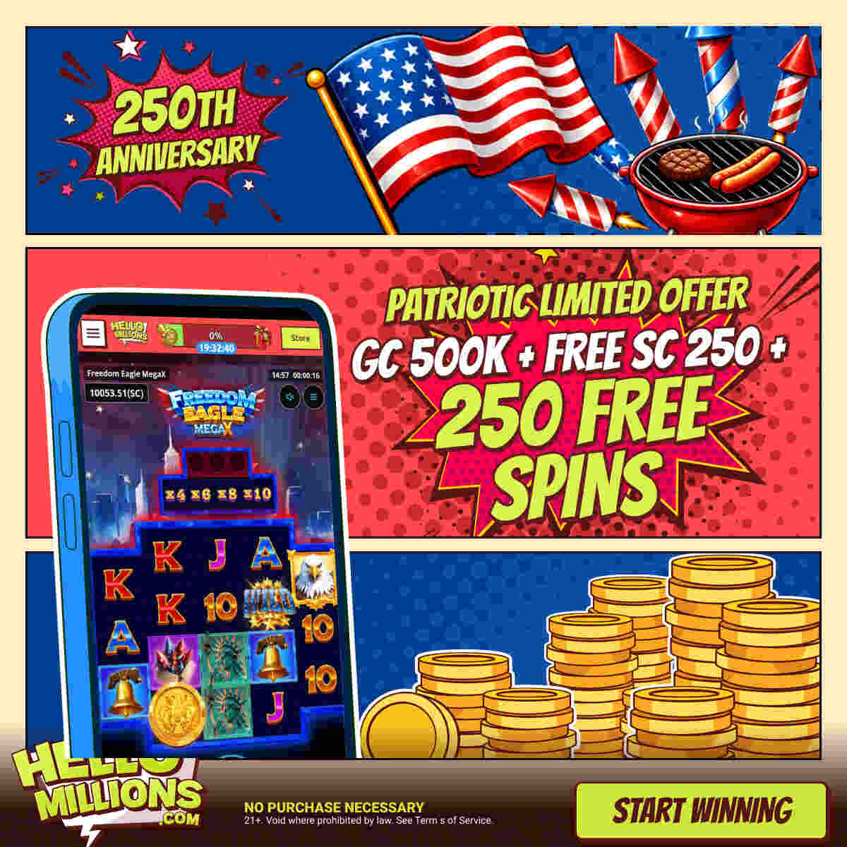Hello Millions GC 500K SC 250 Free Spins 250